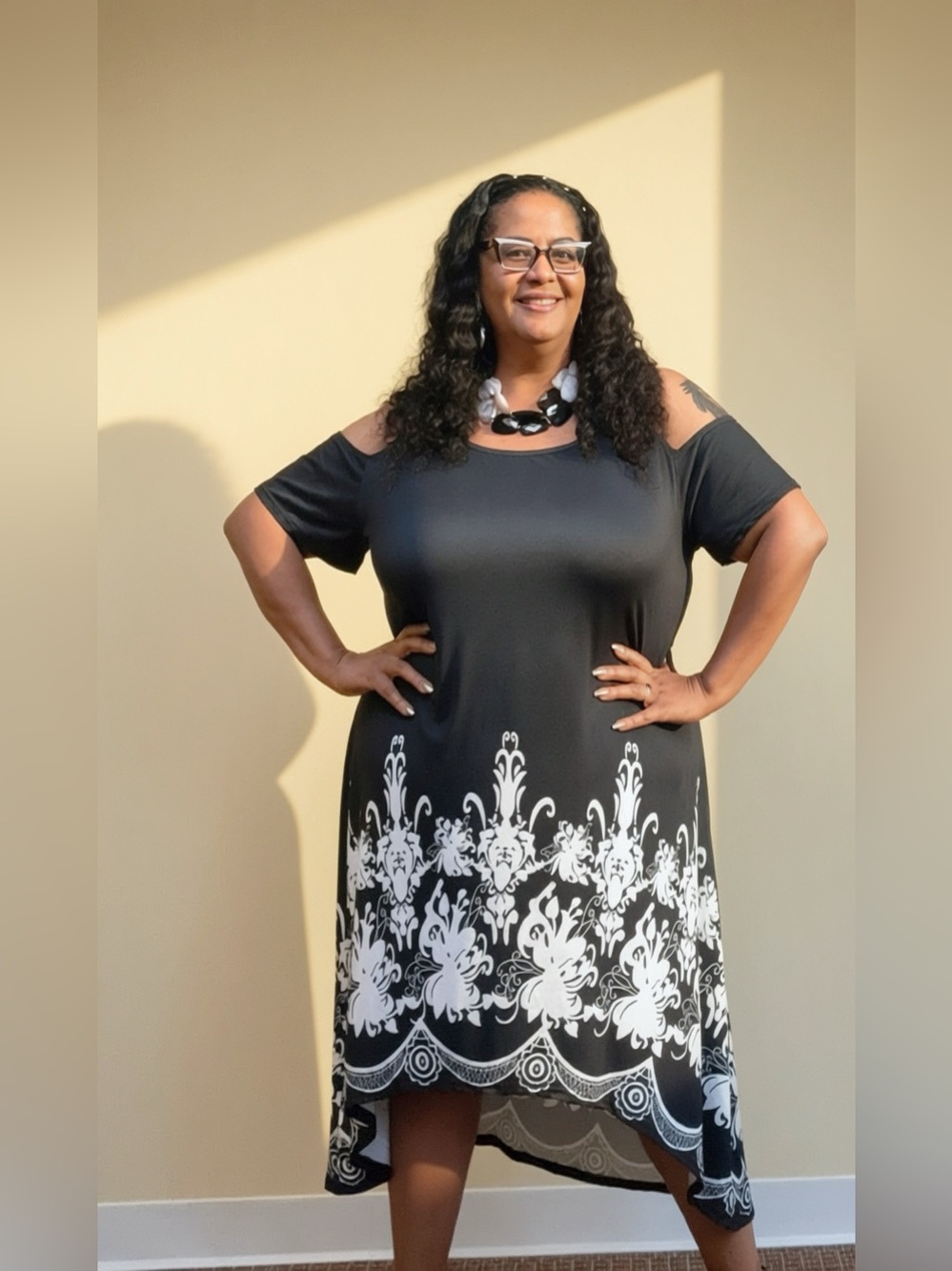 Plus-Size Black Cold-Shoulder dress with White Scroll Hem